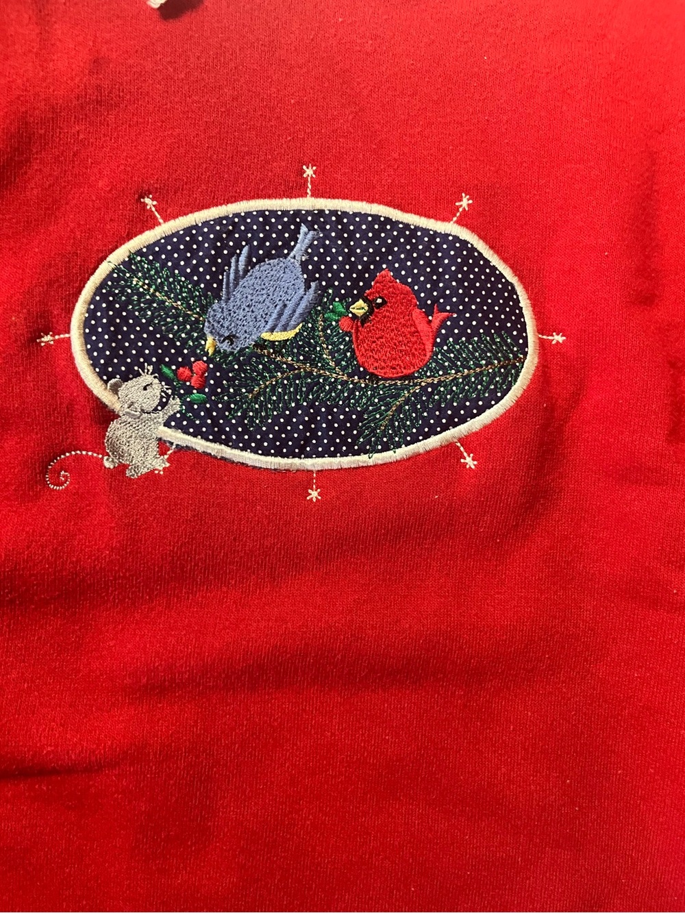 Vintage 90s Top Stitch Red Christmas Sweatshirt Embroidered Birds L - Picture 2 of 8